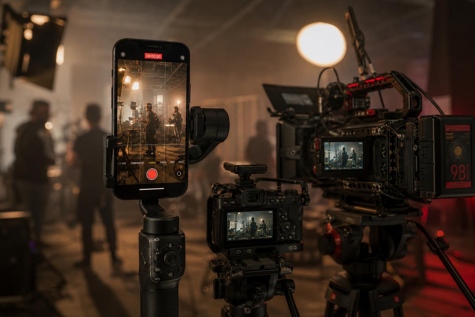 Cinematic video production set with professional camera and lighting